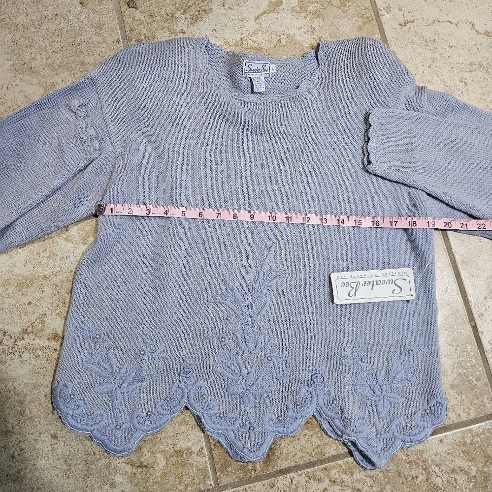 Sweater Bee Women Large Vintage 80s Knit Sweater Lavender Ramie Beaded Floral - Picture 6 of 7